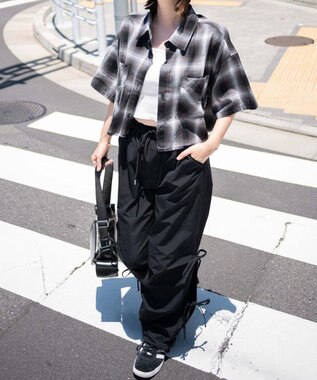 WEGO 【ウエストゴム】サイドリボンパラシュートパンツ ブラック