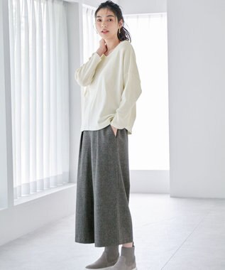 ANY 【洗濯機可能/ウエストゴム】ライトツイード ワイドパンツ ライトグレー