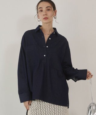 WEGO 【ANGIE VINTAGE】襟が選べる デニム プルオーバー シャツ（バンドカラー/レギュラー） Dブルー