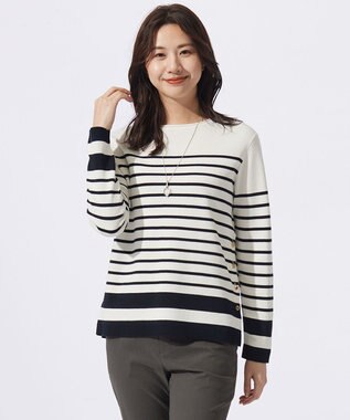 J.PRESS LADIES 【洗える】COTTON ACETATE クルーネック ニット オフ×ネイビー系1