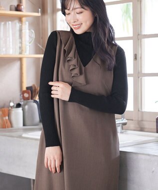 Tiaclasse 【洗える】アシメフリルVネックジャンパースカート モカ