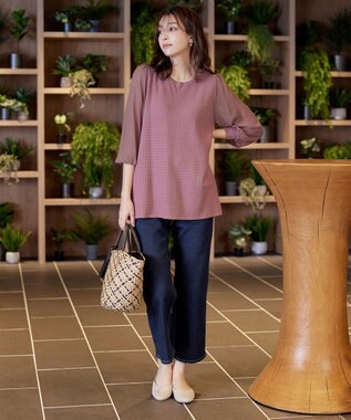 Tiaclasse L 【新色追加・洗える】シアーチェック柄ニットチュニック ピンク