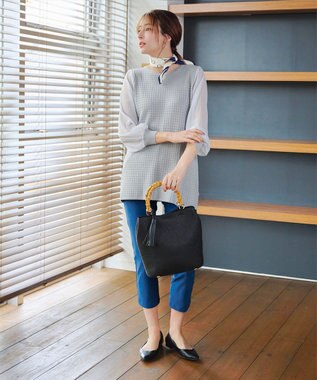 Tiaclasse L 【新色追加・洗える】シアーチェック柄ニットチュニック グレー