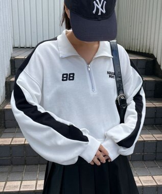 WEGO 刺繍ハーフジップショートスウェット ホワイト