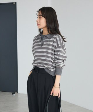 CRAFT STANDARD BOUTIQUE シアーボーダーポロ衿ニットプルオーバー Gray