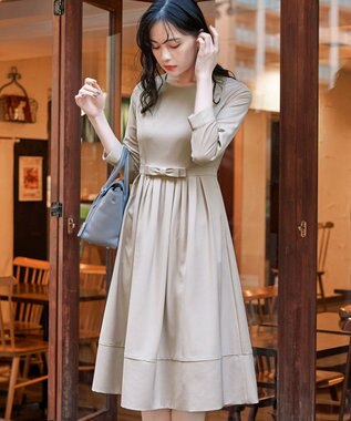 Tiaclasse 【洗える】  リボンギャザーフレアワンピース グレージュ