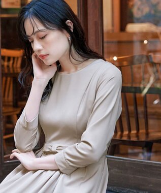 Tiaclasse 【洗える】  リボンギャザーフレアワンピース グレージュ