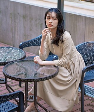 Tiaclasse 【洗える】  リボンギャザーフレアワンピース グレージュ