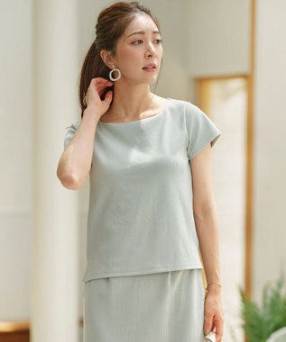 組曲 L 【WEB限定】ストライプジャガード カップ付きTシャツ クリームミント系