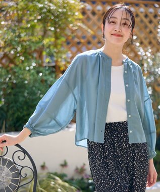 ANY シアーテックリネンギャザーブラウス ブルー