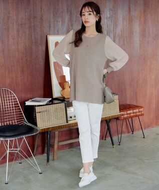 Tiaclasse L 【新色追加・洗える】シアーチェック柄ニットチュニック グレージュ