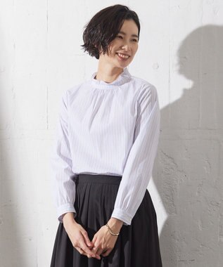 J.PRESS LADIES 【洗える】BEZ VEGA ストライプ フリルネック ブラウス ホワイト系1