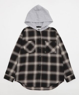 WEGO 裏毛フードチェックシャツ ブラウンチェック1