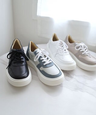 Pointer 日本製 本革軽量 大人厚底スニーカー アイスグレー×ライトブルー