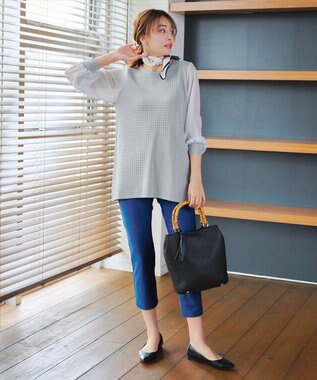 Tiaclasse L 【新色追加・洗える】シアーチェック柄ニットチュニック グレー