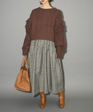 Green Parks フリンジスリーブショート丈ケーブルニット Dark Brown