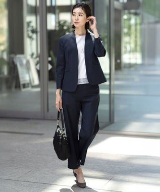J.PRESS LADIES 【セットアップ対応・洗える・撥水】コットンFITTY ノーカラー ジャケット ネイビー系