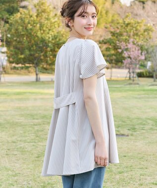 Tiaclasse L 【おのののかさん着用】半袖＆七分袖選べる袖丈バックフレアチュニック グレージュストライプ