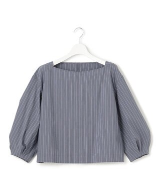 23区 L 【一部店舗限定/洗える】ハイカウントウェザーストレッチ ボートネック コンパクト ブラウス グレー×ホワイトストライプ