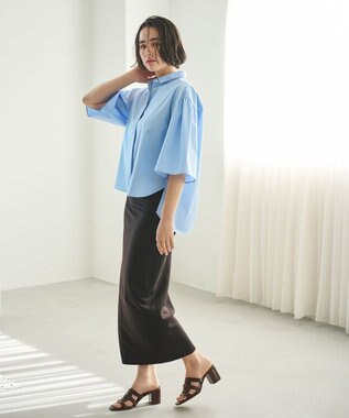 #Newans 【洗濯機可能/シワになりにくい】〈お尻・太ももをカバー〉フレアスリーブイタリアンカラーシャツ ブルー