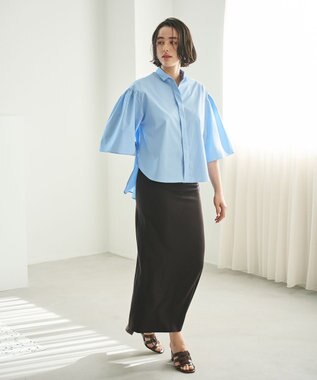 #Newans 【洗濯機可能/シワになりにくい】〈お尻・太ももをカバー〉フレアスリーブイタリアンカラーシャツ ブルー