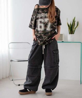 WEGO 【ウエストゴム/2WAY】2WAYデニムカーゴパンツ デニムブラック