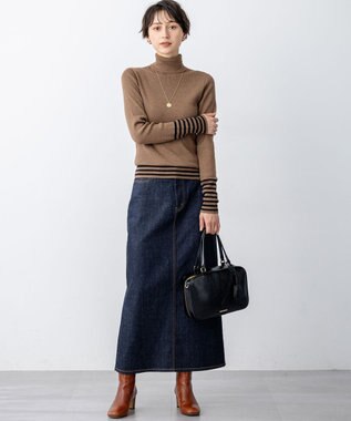 23区 L 【見上愛さん着用/VERY掲載/洗える】ウーステッドウール リブタートル ボーダー ニット キャメル×ブラック