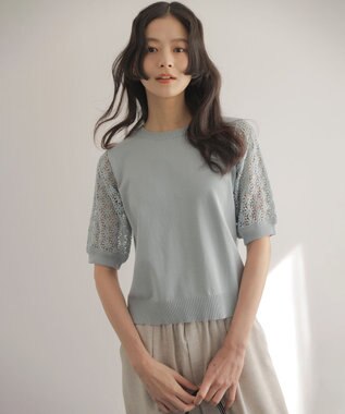 組曲 【先行予約】コットンフラワーレーシープルオーバー ニット ダスティブルー系