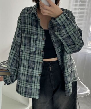 WEGO オーバーサイズチェックネルシャツ グリーン