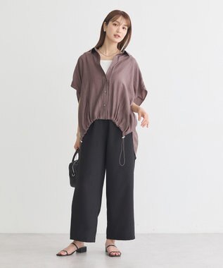 earth music&ecology 【接触冷感】裾ドロストフレンチスリーブシャツ Brown