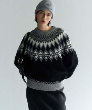 23区 【洗える】ジャガード クルーネック ニット ライトグレーベース