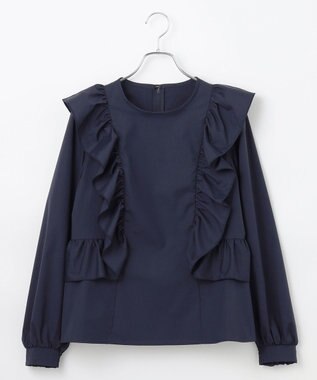 #Newans 【洗濯機可能/シワになりにくい】〈小柄さんにお勧め〉バーティカルフリルブラウス ネイビー