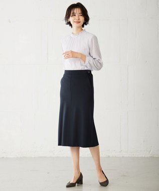 J.PRESS LADIES L カチオンストライプ フリルネック バンドカラー カットソー ネイビー系1