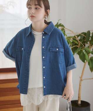 WEGO 【ANGIE VINTAGE】オーバーサイズデニム半袖シャツ ブルー