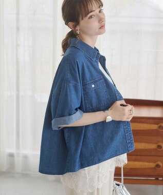 WEGO 【ANGIE VINTAGE】オーバーサイズデニム半袖シャツ ブルー