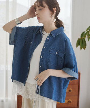 WEGO 【ANGIE VINTAGE】オーバーサイズデニム半袖シャツ ブルー