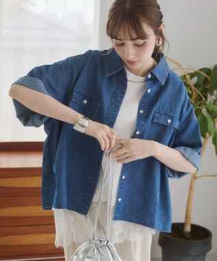 WEGO 【ANGIE VINTAGE】オーバーサイズデニム半袖シャツ ブルー