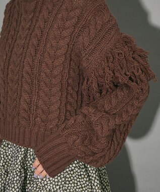 Green Parks フリンジスリーブショート丈ケーブルニット Dark Brown