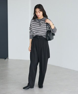 CRAFT STANDARD BOUTIQUE シアーボーダーポロ衿ニットプルオーバー Gray