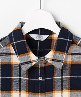 J.PRESS LADIES L コットン起毛タータンチェック シャツ ブラウス ネイビー×オフ×イエローチェック系