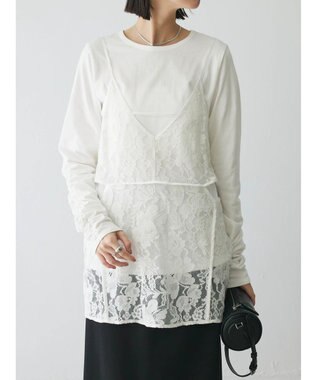 Green Parks AnriettMusee シャーリングスリーブＴシャツ＋レースキャミソールＳＥＴ Off White
