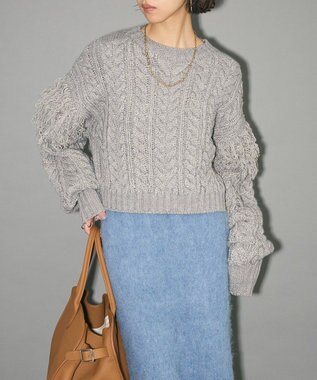 Green Parks フリンジスリーブショート丈ケーブルニット Light Gray