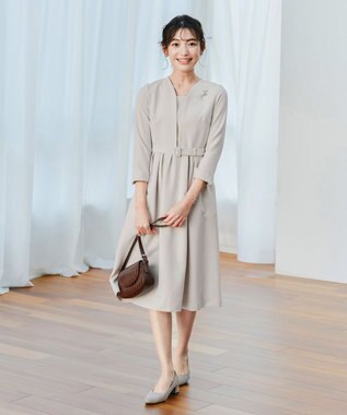 Tiaclasse 【ダブルクロス・洗える】 ナローVネックワンピース グレージュ