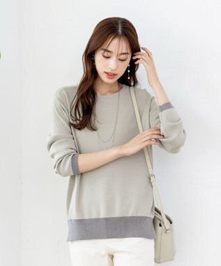 Tiaclasse L 【新色追加・洗える】配色スリットニット グレージュ