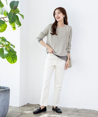 Tiaclasse L 【新色追加・洗える】配色スリットニット グレージュ