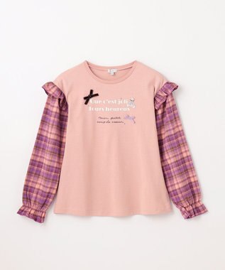 ANY KIDS チェック袖 ドッキング プルオーバー ピンク