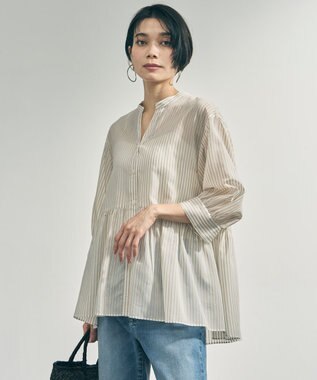 UNFILO ペプラム ギャザーブラウス ベージュストライプ