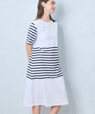 une nana cool 【綿100％】60ハイゲージ天竺パネルボーダー半袖ワンピース WH