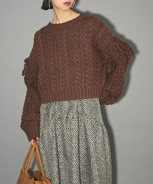 Green Parks フリンジスリーブショート丈ケーブルニット Dark Brown
