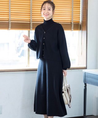 Tiaclasse 【洗える】大人上品なニットカーデ＋ワンピースセット ブラック